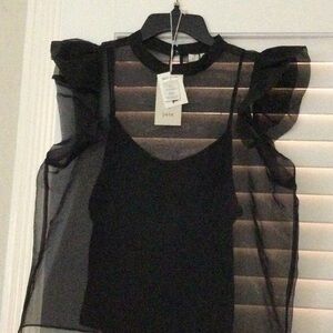 Joie Black Sheer Ruffle-Sleeve Camisole Top
